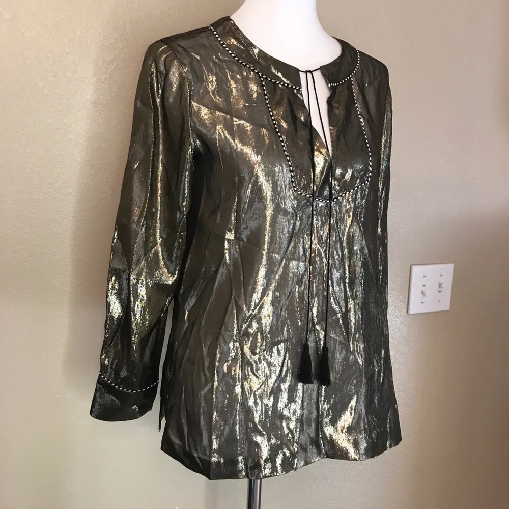 J. CREW Metallic Gold Silk Tunic Tassel Blouse Top 4